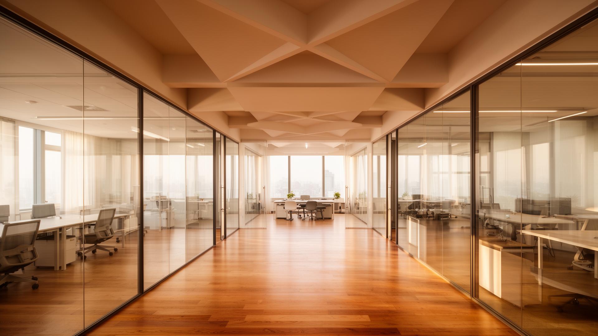 Modern commercial office interior with glass partitions